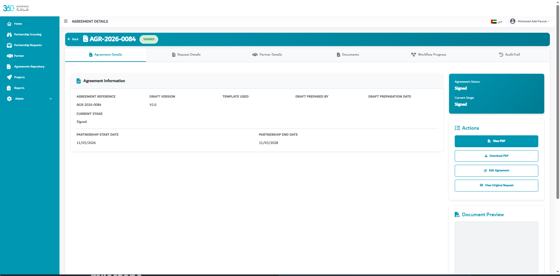 Sharaka 360 agreement workflow preview